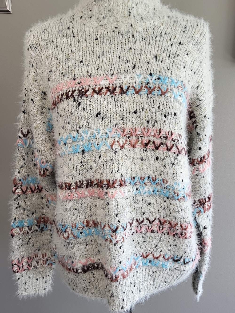Maurices M Fuzzy Eyelash Sweater Open Knit Mock Neck Pastel Striped Cozy